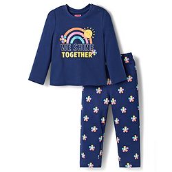 Babyhug Cotton Knit Full Sleeves Night Suit With Floral Print - Navy Blue
