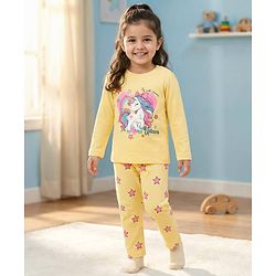 Babyhug Cotton Knit Full Sleeves Night Suit With Unicorn Print - Yellow