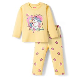 Babyhug Cotton Knit Full Sleeves Night Suit With Unicorn Print - Yellow