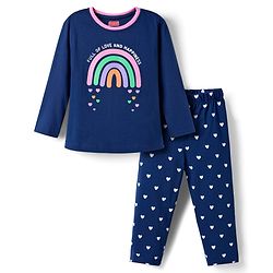 Babyhug Cotton Knit Full Sleeves Night Suit With Rainbow & Heart Print - Navy Blue