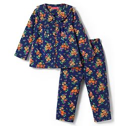 Babyhug Cotton Knit Full Sleeves Co-ords Night Suit with Floral Print - Navy Blue