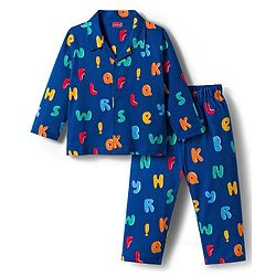 Babyhug Cotton Knit Full Sleeves Co-ords Night Suit with Alphabet Print - Navy Blue