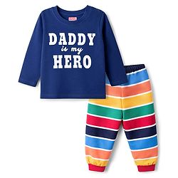 Babyhug Cotton Knit Full Sleeves Night Suit With Text Print - Navy Blue