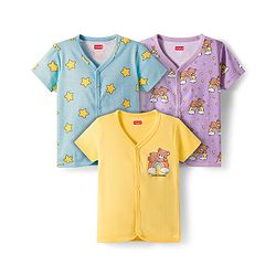 Babyhug Interlock Knit Half Sleeves Jhablas With Animal Print Pack Of 3 - Purple Yellow & Teal Blue