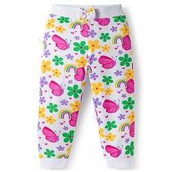 Babyhug Cotton Knit Full Length Lounge Pants With Heart Butterfly & Floral Print Pack of 3 - Purple Yellow & White