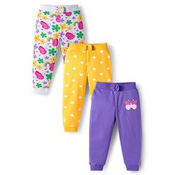 Babyhug Cotton Knit Full Length Lounge Pants With Heart Butterfly & Floral Print Pack of 3 - Purple Yellow & White