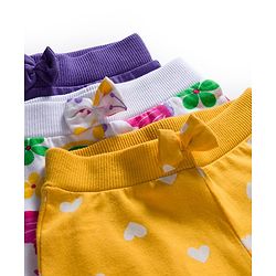 Babyhug Cotton Knit Full Length Lounge Pants With Heart Butterfly & Floral Print Pack of 3 - Purple Yellow & White