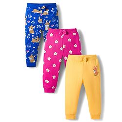 Babyhug Cotton Knit Full Length Lounge Pants With Floral & Bunny Print Pack of 3 - Navy Blue Pink & Yellow