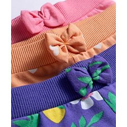 Babyhug Cotton Knit Full Length Polka Dot & Floral Printed Lounge Pants With Bow Applique Pack of 3 - Orange Pink & Navy Blue
