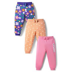 Babyhug Cotton Knit Full Length Polka Dot & Floral Printed Lounge Pants With Bow Applique Pack of 3 - Orange Pink & Navy Blue