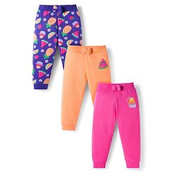 Babyhug Cotton Knit Full Length Lounge Pants With Fruit Print Pack of 3 - Dark Pink Orange & Navy Blue