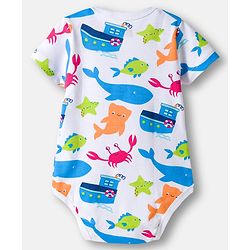 Babyhug 100% Cotton Knit Half Sleeves Striped & Sea Animals Printed Onesies Pack of 3 - Red Blue & White