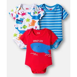 Babyhug 100% Cotton Knit Half Sleeves Striped & Sea Animals Printed Onesies Pack of 3 - Red Blue & White