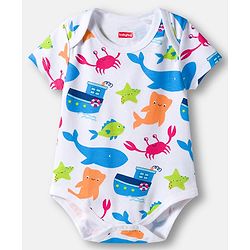 Babyhug 100% Cotton Knit Half Sleeves Striped & Sea Animals Printed Onesies Pack of 3 - Red Blue & White