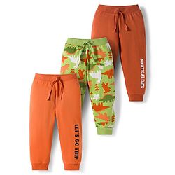 Babyhug Cotton Knit Full Length Lounge Pants With Text & Dino Print Pack of 3 - Orange Brown & Green