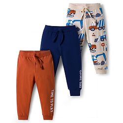 Babyhug Cotton Knit Full Length Lounge Pants With Vehicle Print Pack of 3 - Navy Blue Orange & White