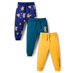 Babyhug Cotton Knit Full Length Lounge Pants With Animal Print Pack of 3 - Yellow Teal & Navy Blue