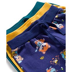Babyhug Cotton Knit Full Length Lounge Pants With Animal Print Pack of 3 - Yellow Teal & Navy Blue