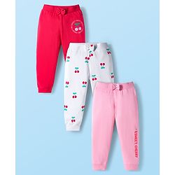 Babyhug Cotton Knit Full Length Lounge Pants With Cherry Print Pack of 3 - Pink Red & White