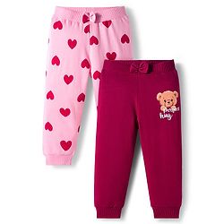 Babyhug Cotton Knit Full Length Lounge Pants With Heart & Teddy Bear Print Pack of 2 - Maroon & Pink