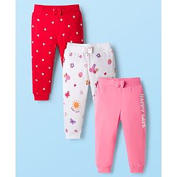 Babyhug Cotton Knit Full Length Lounge Pants with Heart Print & Bow Applique Pack of 3 - Red White & Pink