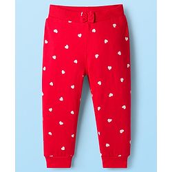 Babyhug Cotton Knit Full Length Lounge Pants with Heart Print & Bow Applique Pack of 3 - Red White & Pink