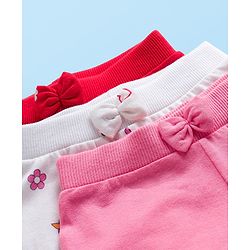 Babyhug Cotton Knit Full Length Lounge Pants with Heart Print & Bow Applique Pack of 3 - Red White & Pink