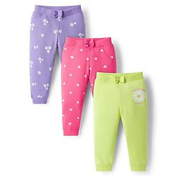 Babyhug Cotton Knit Full Length Lounge Pants with Floral & Heart Print Bow Applique Pack of 3 - Lime Green Pink & Lilac