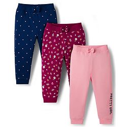 Babyhug Cotton Knit Full Length Lounge Pants with Floral & Polka Dot Print Bow Applique Pack of 3 - Navy Blue Pink & Maroon