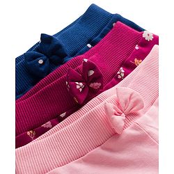 Babyhug Cotton Knit Full Length Lounge Pants with Floral & Polka Dot Print Bow Applique Pack of 3 - Navy Blue Pink & Maroon