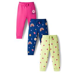Babyhug Cotton Single Jersey Knit Full Length Lounge Pant With Floral Print Pack Of 3 - Navy Blue Pink & Olive Green