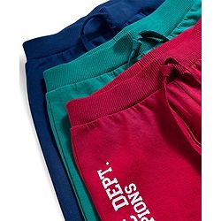 Babyhug Single Jersey Knit Full Length Lounge Pant With Text Print Pack Of 3 - Red Navy Blue & Teal Blue