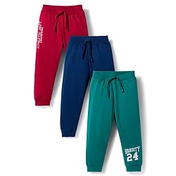 Babyhug Single Jersey Knit Full Length Lounge Pant With Text Print Pack Of 3 - Red Navy Blue & Teal Blue