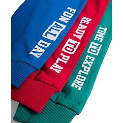 Babyhug Single Jersey Knit Full Length Lounge Pant With Text Print Pack Of 3 - Red Blue & Green