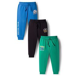 Babyhug Cotton Single Jersey Knit Full Length Lounge Pant With Text Print Pack Of 3 - Blue Green & Black