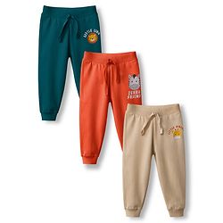 Babyhug Cotton Single Jersey Knit Full Length Lounge Pant With Animal Print Pack Of 3 - Teal Blue Orange & Beige