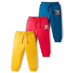 Babyhug Cotton Single Jersey Knit Full Length Lounge Pant With Vehicle Print Pack Of 3 - Yelllow Navy Blue & Red