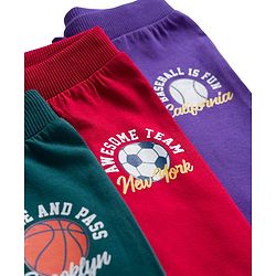 Babyhug Cotton Knit Full Length Lounge Pants with Sports Theme Print Pack of 3 - Red Green & Purple