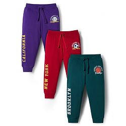 Babyhug Cotton Knit Full Length Lounge Pants with Sports Theme Print Pack of 3 - Red Green & Purple