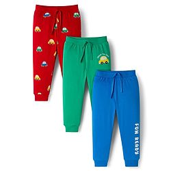 Babyhug Cotton Knit Full Length Lounge Pants with Car Print Pack of 3 - Red Blue & Green