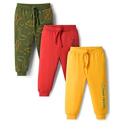 Babyhug Cotton Knit Full Length Lounge Pants with Dino Print Pack of 3 - Red Yellow & Green