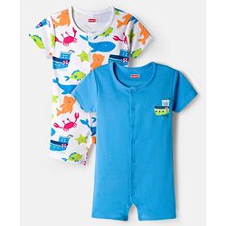 Babyhug 100% Cotton Knit Half Sleeves Rompers with Sea Life Print Pack of 2 - White & Blue