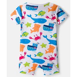 Babyhug 100% Cotton Knit Half Sleeves Rompers with Sea Life Print Pack of 2 - White & Blue