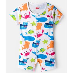 Babyhug 100% Cotton Knit Half Sleeves Rompers with Sea Life Print Pack of 2 - White & Blue
