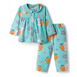Babyhug Cotton Knit Full Sleeves Co-ord Night Suit With Bunny & Floral Print - Light Blue