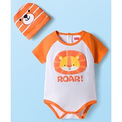 Babyhug 100% Cotton Knit Half Raglan Sleeves Onesie with Striped Leggings & Cap Lion Print & Patch - Orange