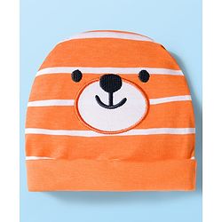 Babyhug 100% Cotton Knit Half Raglan Sleeves Onesie with Striped Leggings & Cap Lion Print & Patch - Orange