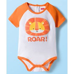 Babyhug 100% Cotton Knit Half Raglan Sleeves Onesie with Striped Leggings & Cap Lion Print & Patch - Orange