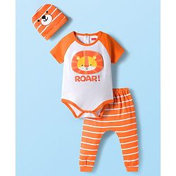 Babyhug 100% Cotton Knit Half Raglan Sleeves Onesie with Striped Leggings & Cap Lion Print & Patch - Orange