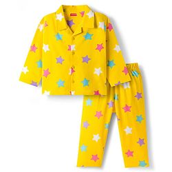 Babyhug Cotton Knit Full Sleeves Co-ord Night Suit With Star Print - Yellow